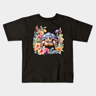 A turtle decorated with beautiful watercolor flowers Kids T-Shirt